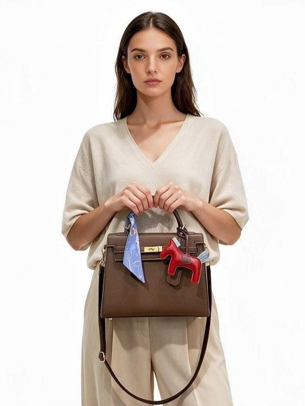 Dark Chestnut Vegan Leather Satchel Crossbody Bag with Twilly & Horse Charm